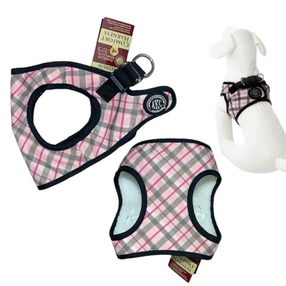 American Kennel Club Dog Harness Vest Designer Tartan Plaid Sherpa Lined Pink M